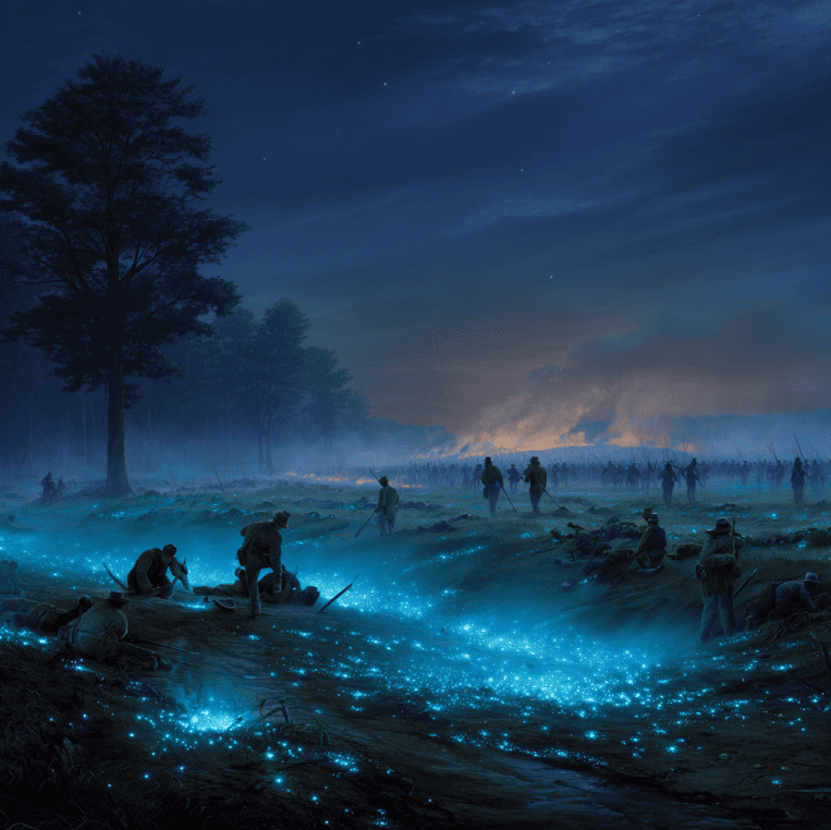 Depiction of Civil War wounds glowing blue at Shiloh, reflecting the ‘Angel’s Glow’ phenomenon.