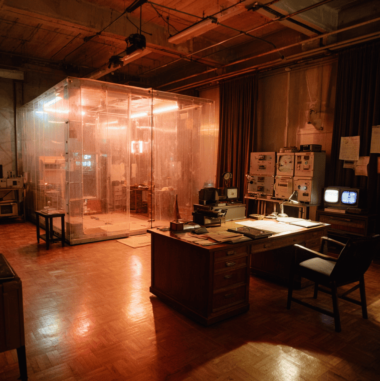 Cold War laboratory with experimental equipment and redacted files, symbolizing the CIA’s attempt to create synthetic ESP under Project Velvet Sun.