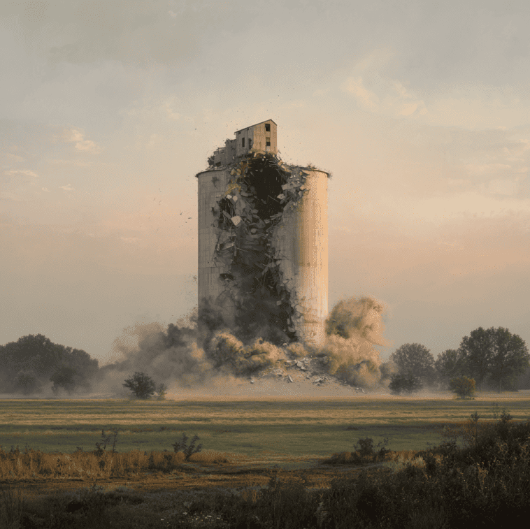 Historical depiction of a grain silo collapsed inward in a bowl shape, illustrating the unexplained 1912 implosion.