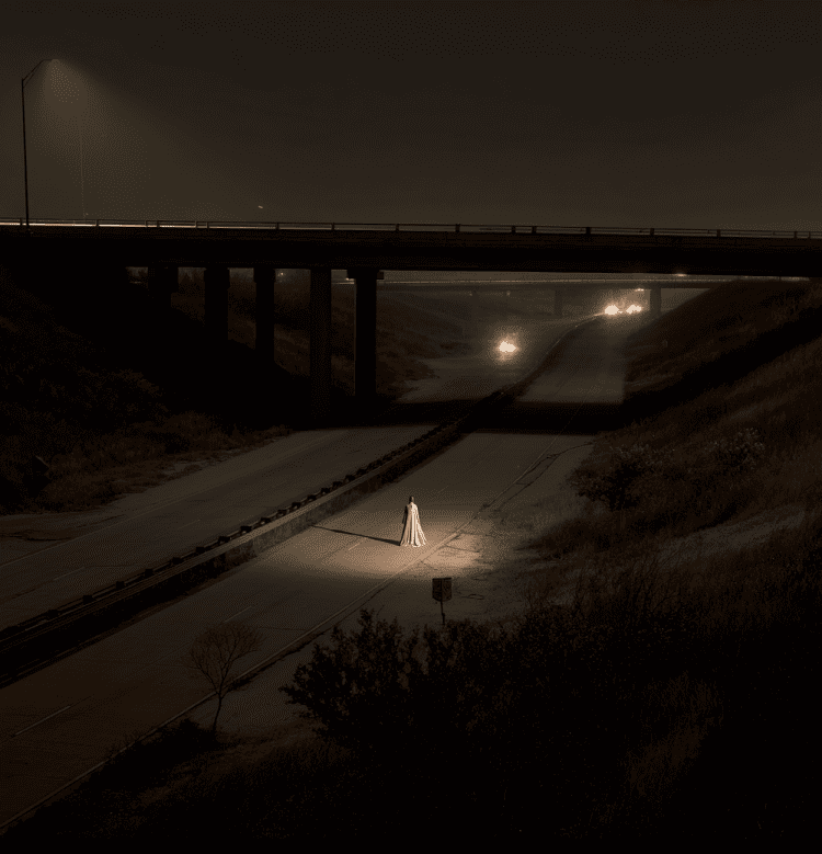 Silhouette of a woman in a gray dress on a dark Texas highway, representing the Phantom Hitchhiker of Route 281.