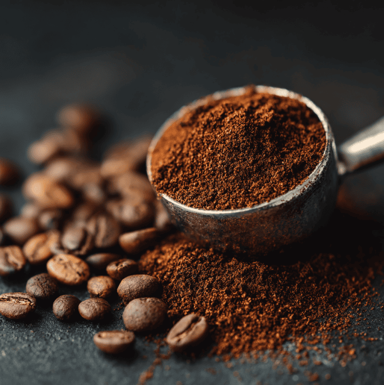Ground coffee with a mix of quaker beans and fully developed beans, illustrating the impact of unripe coffee on flavor and quality.