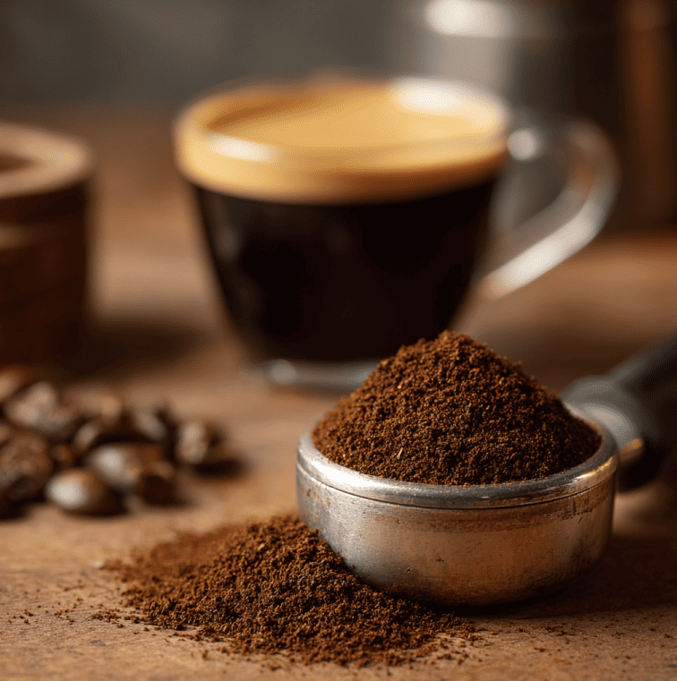 Freshly ground coffee emitting strong aromatic vapor next to a brewed cup, illustrating aroma volatility and flavor differences.