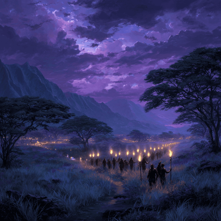 Ghostly Hawaiian Night Marchers carrying torches in formation along a dark forested trail.