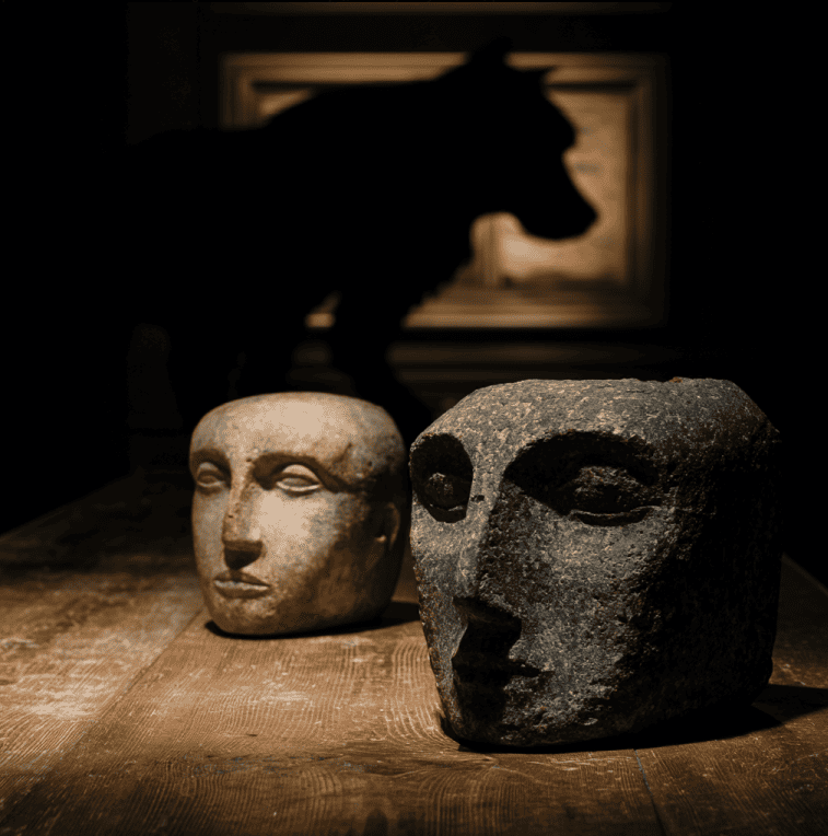 The two carved Hexham stone heads said to trigger poltergeist events and a wolf-man sighting in 1971 England.