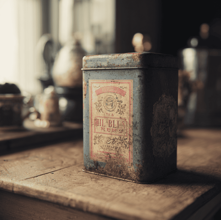 Vintage Hills Brothers Tea tin on a wooden counter, representing the vanished American tea brand.