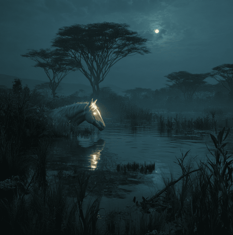 Depiction of the Mamlambo, a glowing horse-headed river monster said to inhabit South Africa’s waterways.