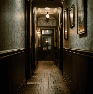 A historic Nevada hotel hallway with soft lighting and worn wooden floors, suggesting the haunted history of the state’s mining era hotels.