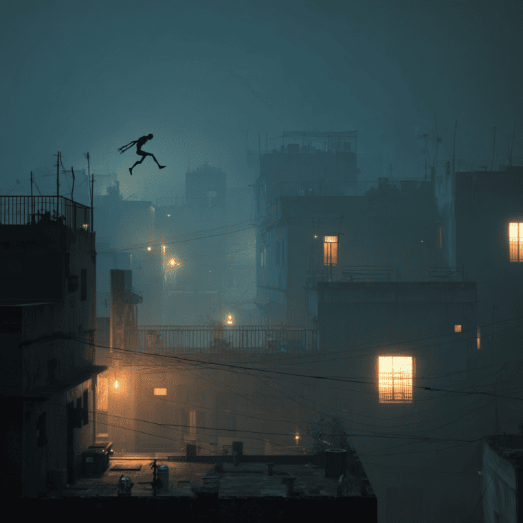 Shadowy humanoid figure leaping across Delhi rooftops during the 2001 Monkey-Man panic.