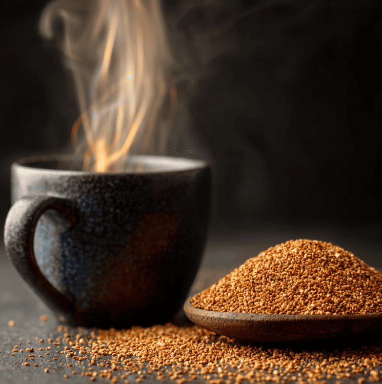 Close-up of freeze-dried coffee granules dissolving in hot water, illustrating how freeze-drying preserves flavor.