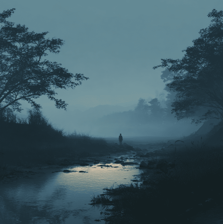 Atmospheric Japanese riverbank with a subtle humanoid water creature silhouette, referencing historical kappa encounters.