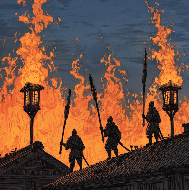 Samurai firefighters raising a matoi while battling a blaze in 1600s Edo