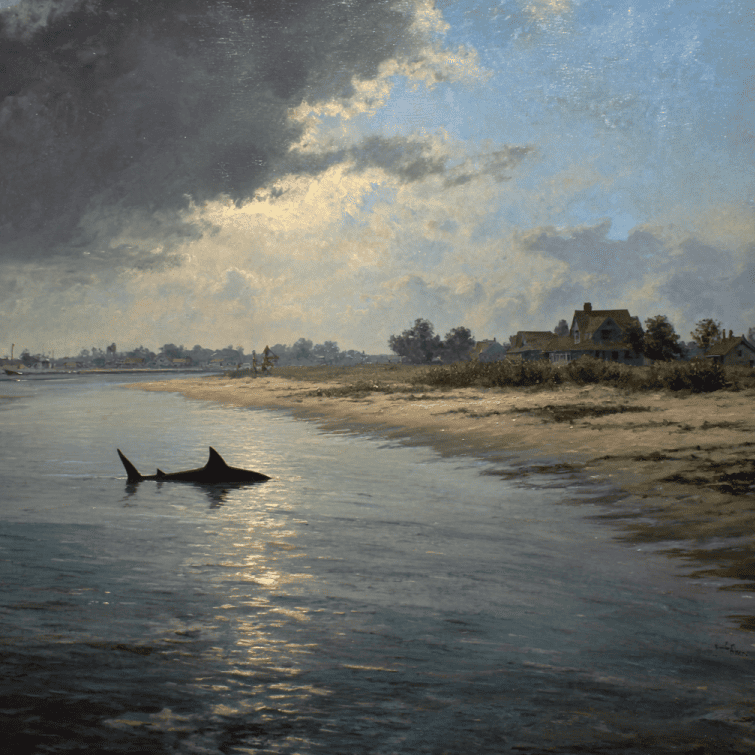 Historical depiction of the 1916 Jersey Shore shark attacks, showing a shark silhouette near swimmers.