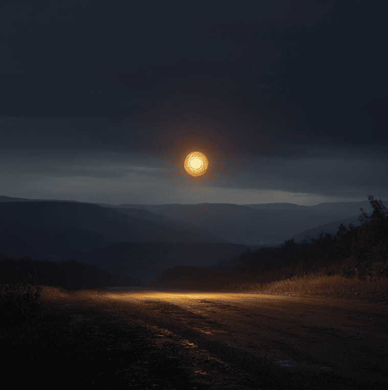 A bright floating orb on a rural Ozark road representing the long-running mystery of the Joplin Spook Light.
