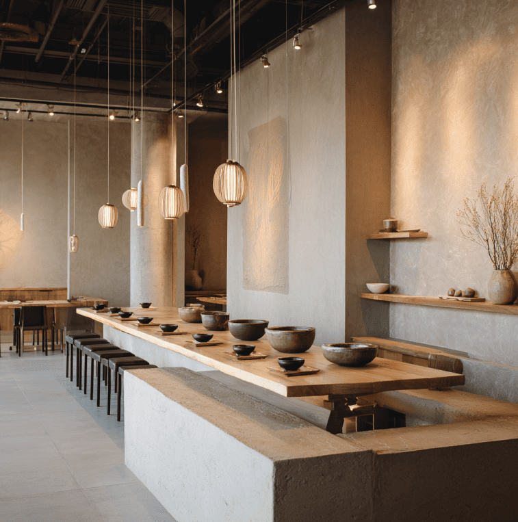 A quiet modern kava café with traditional kava bowls on the counter, representing the difficulty of mainstreaming kava through the Kav Coffee concept.