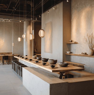 A quiet modern kava café with traditional kava bowls on the counter, representing the difficulty of mainstreaming kava through the Kav Coffee concept.