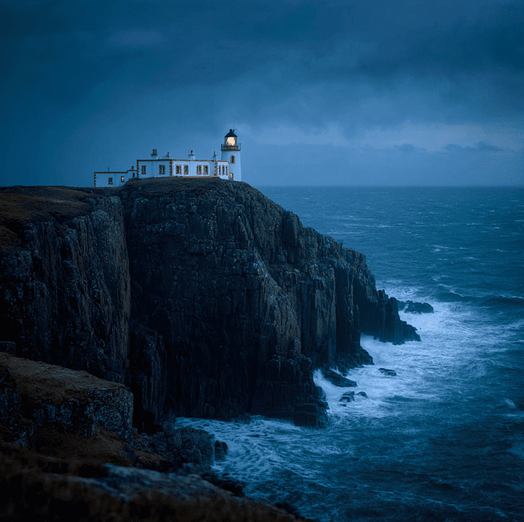 Remote Flannan Isles lighthouse overlooking rough Atlantic seas, referencing the disappearance of the keepers in 1900.