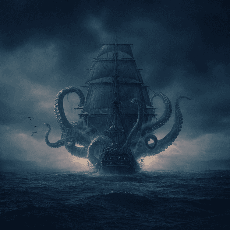 A shadowy sea creature with long tentacles emerging from dark waters, symbolizing the enduring legend of the kraken.