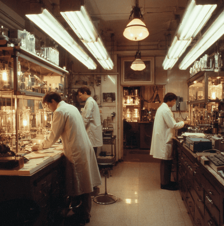 A 1980s laboratory experiment with palladium electrodes submerged in heavy water, representing the Pons and Fleischmann cold fusion research.