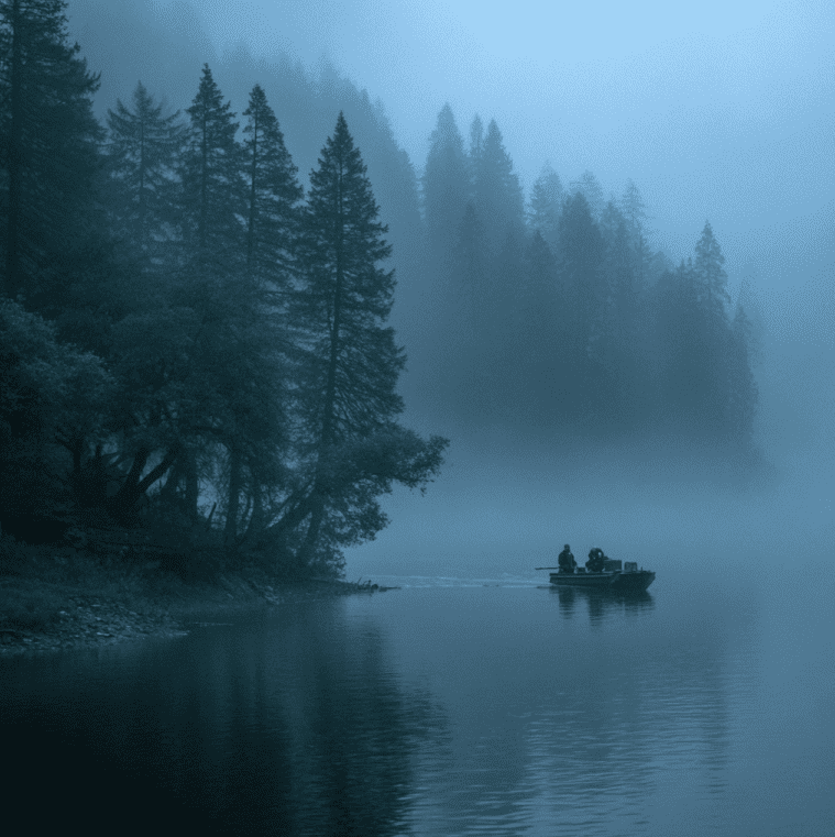Foggy lake scene with an empty rescue boat outline fading into mist, symbolizing the vanishing rescue team of Lake Vortin.