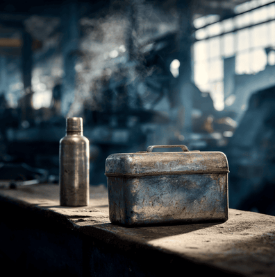 A vintage metal lunch pail and thermos on a factory bench, symbolizing the role of workers’ meals in shaping American industrial culture.