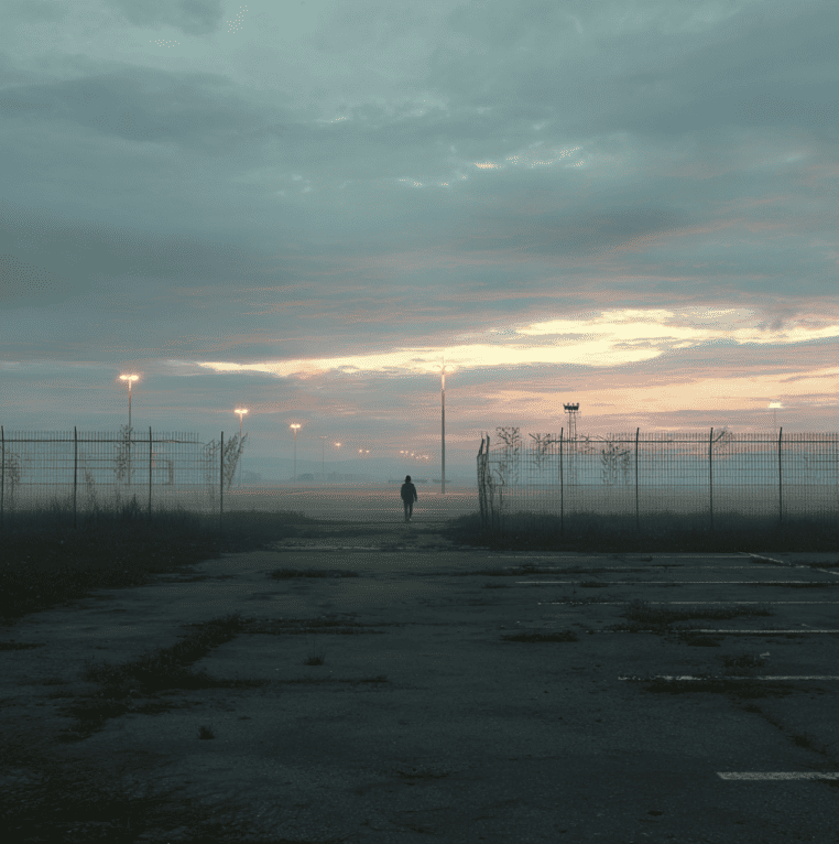 Still image of a man running from Varna Airport toward surrounding fields, referencing the disappearance of Lars Mittank.