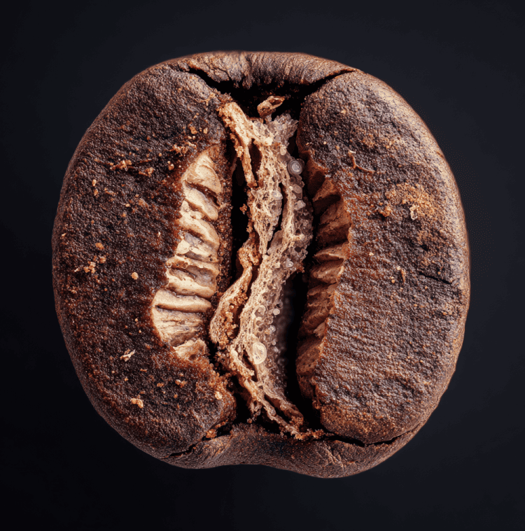 Coffee bean expanding and splitting during first crack, showing internal pressure and structural change