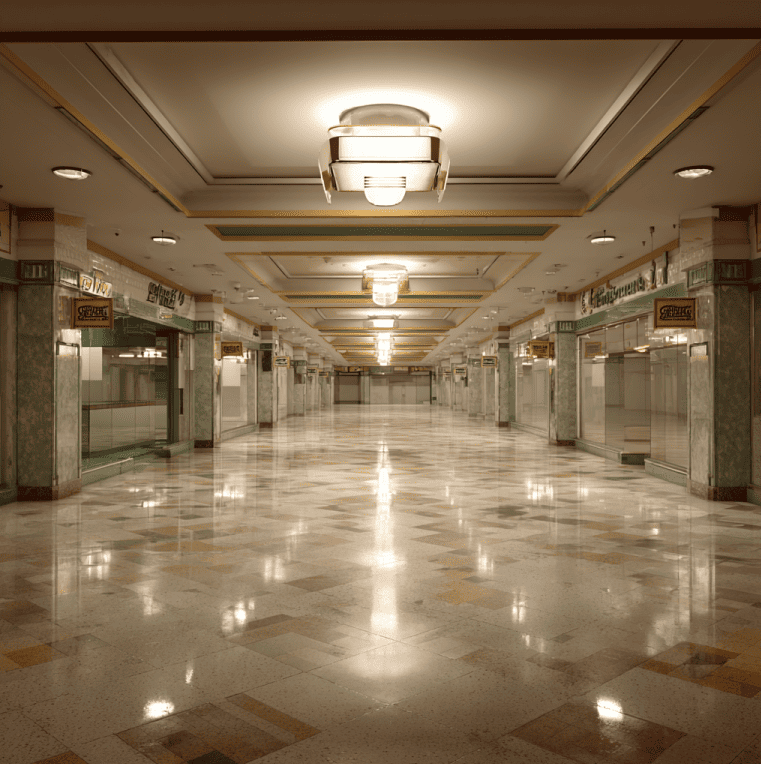Vacant Gimbels department store interior, symbolizing the downfall of Macy’s historic rival.