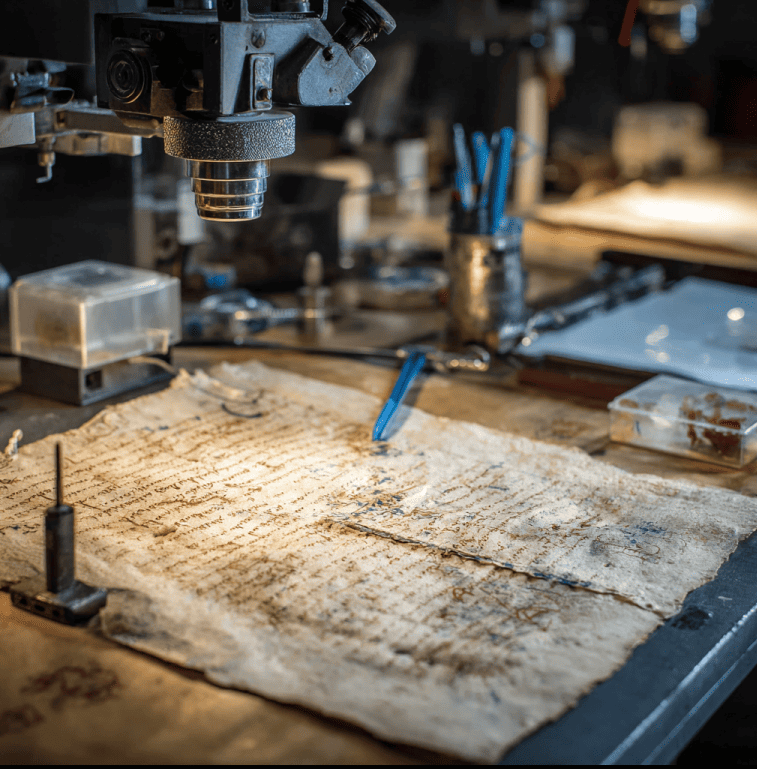 Voynich Manuscript vellum under laboratory analysis, representing the carbon-dating controversy over its true age.