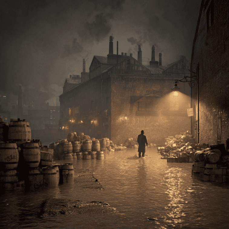 Depiction of the 1814 London Beer Flood with porter beer rushing through the streets of St. Giles