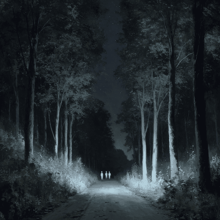 Depiction of Melon Head creatures watching from a wooded roadside in Ohio or Michigan.