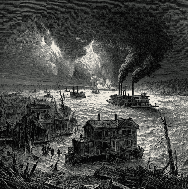 Artistic depiction of the Mississippi River running backward during the 1811 New Madrid earthquake