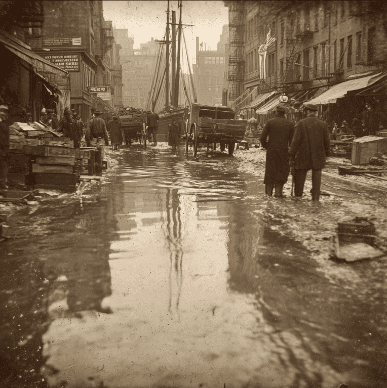 Historical depiction of the 1919 Boston Molasses Flood with buildings damaged and streets coated in molasses.