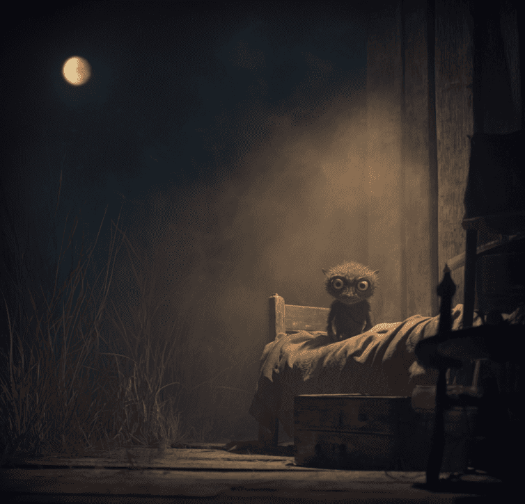 Shadowy Tokoloshe-like figure in a dim South African bedroom, evoking traditional folklore.