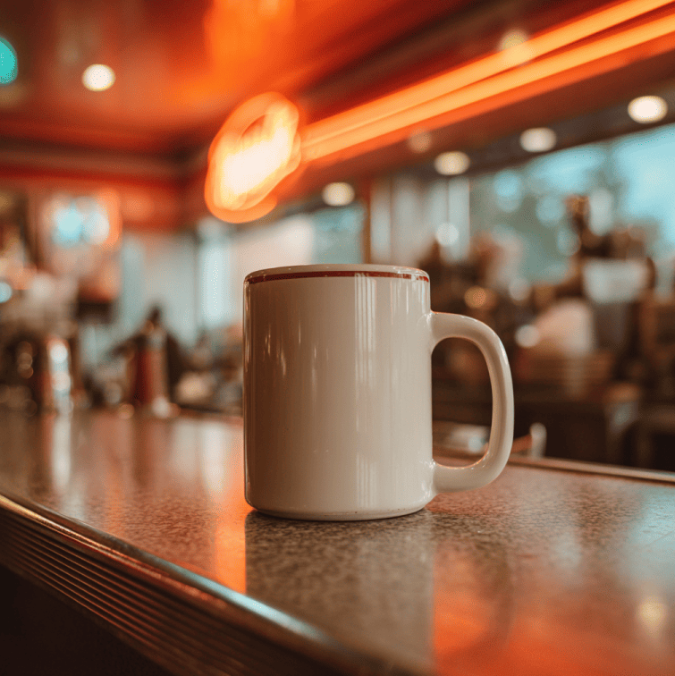 A classic heavy white diner coffee cup steaming on a stainless steel counter inside a traditional American diner.
