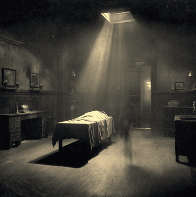Dim 1890s Chicago morgue with a shrouded corpse rumored to move on its own