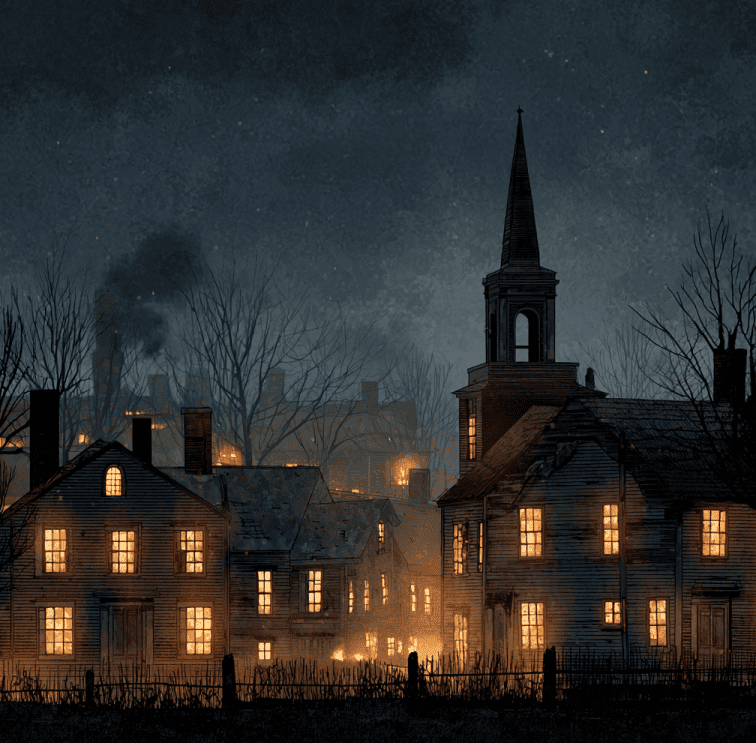 Colonial New England street under a smoky, midday darkness, inspired by the 1780 Dark Day event.