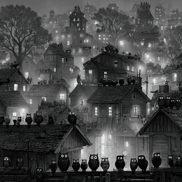 Owls perched across a 19th-century New England village during the 1844 mass migration known as the “Night of Infinite Owls.”