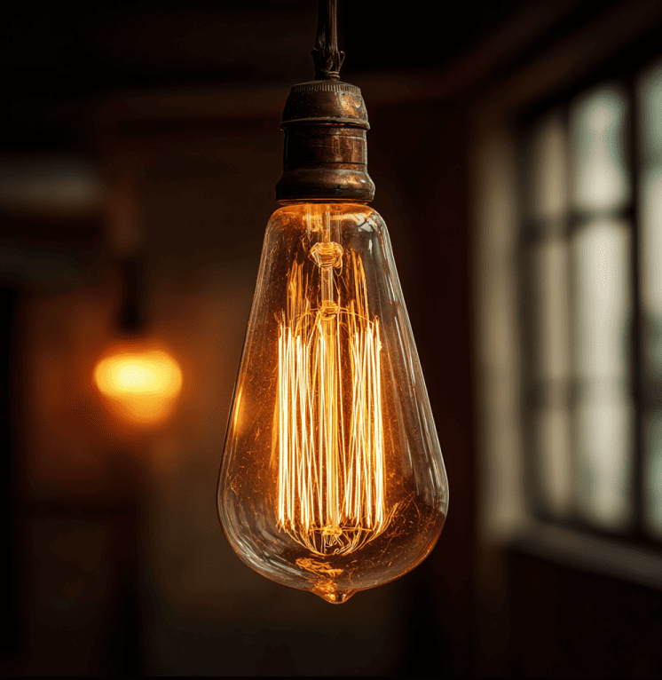Historic tungsten bulb glowing softly in a fire station, inspired by the 120-year Centennial Light.