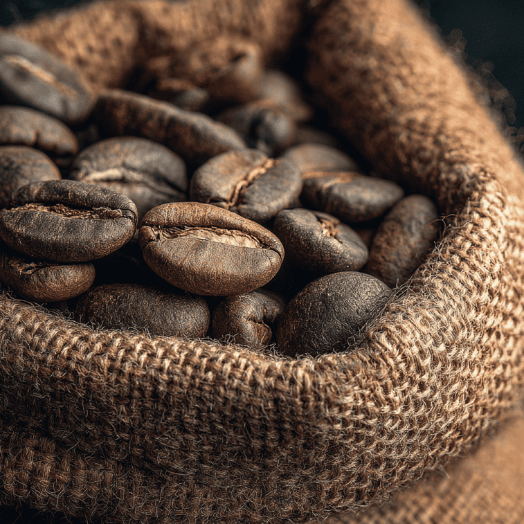 Aged coffee beans in a burlap sack showing woody and baggy flavor defects caused by oxidation and poor storage.