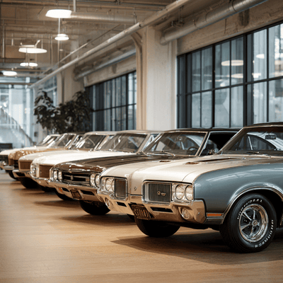 Classic Oldsmobile cars transitioning into an empty modern showroom, illustrating the decline and closure of GM’s oldest automotive brand.