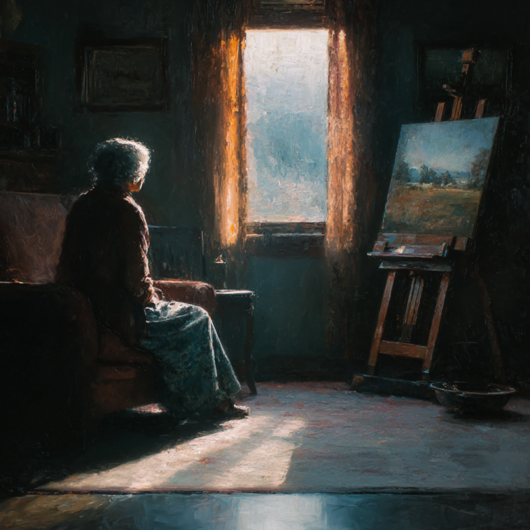 Elderly woman sitting beside a small painting on an easel, symbolizing her repeated thefts driven by obsession with the artwork.