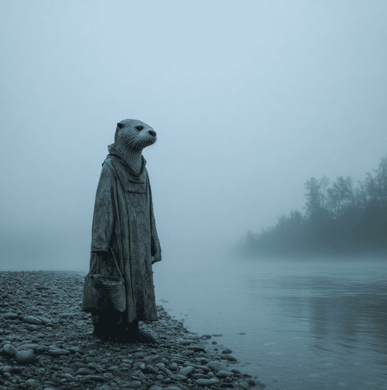 Humanoid otter-like shapeshifter near a misty Alaskan riverbank, inspired by Tlingit Kushtaka accounts.