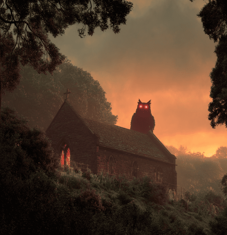 Winged owl-like humanoid on Mawnan Church roof, inspired by the 1970s Owlman sightings in Cornwall.