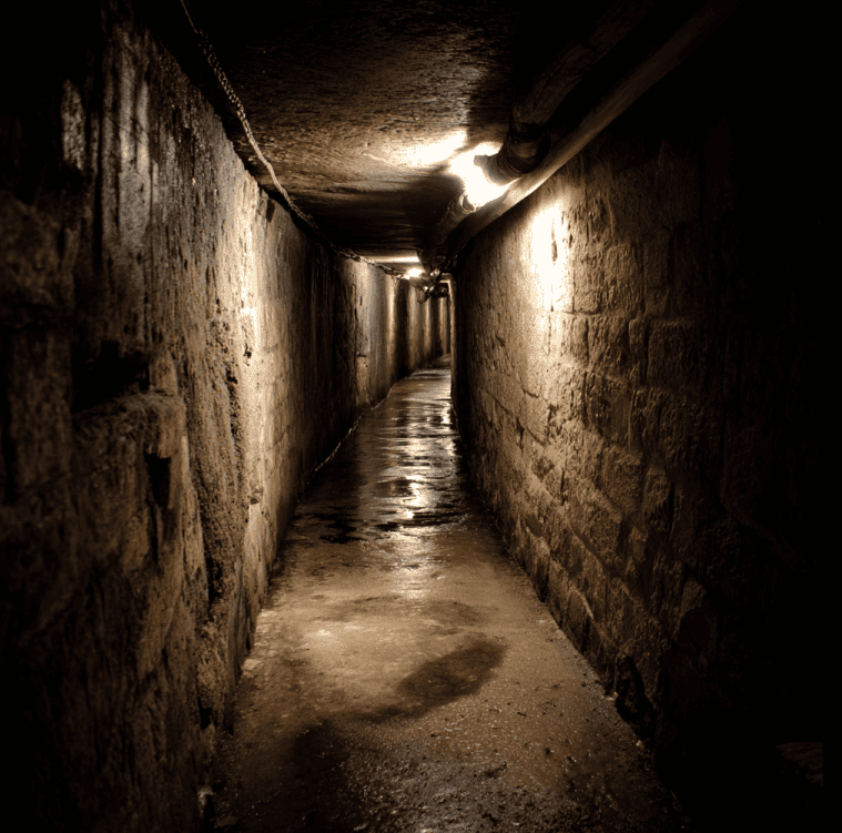 Flashlight beam illuminating a narrow Catacombs passage with an abandoned camera on the ground, inspired by the unknown footage case.