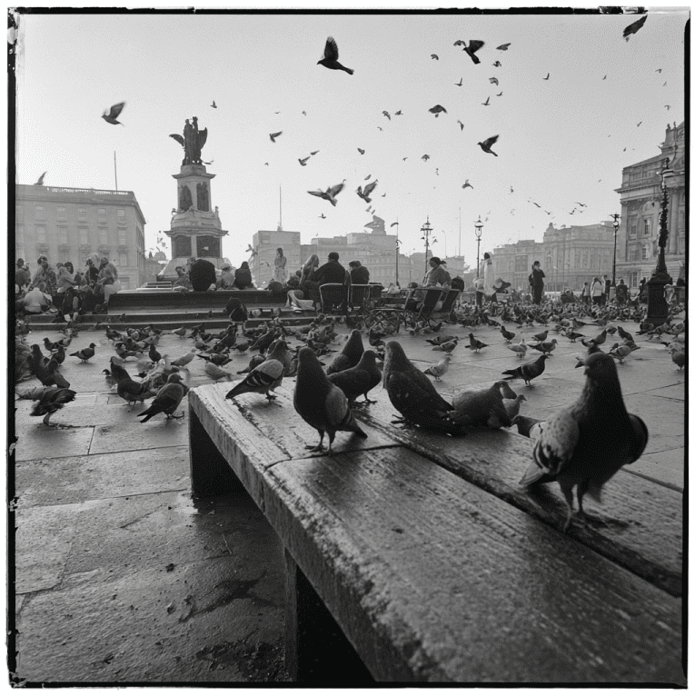 Trafalgar Square in the 1960s with pigeons swarming statues, part of the city’s battle against the growing pigeon population