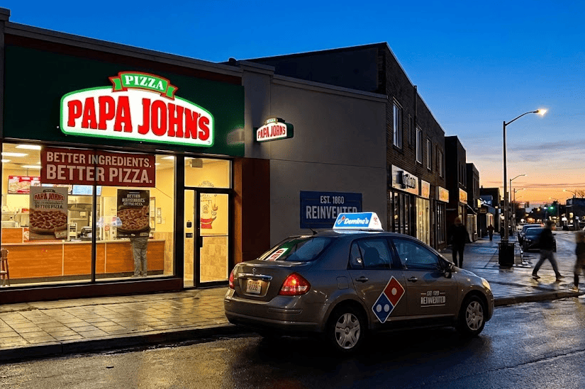 Domino’s and Papa John’s delivery imagery positioned together, symbolizing their long running battle for leadership in the pizza industry.