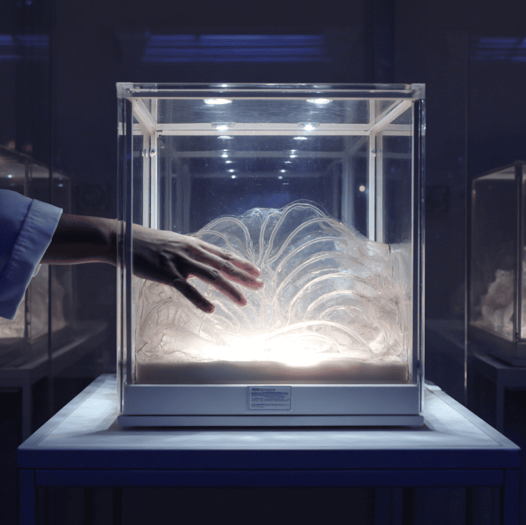 Gel-like polymer inside a lab chamber shifting toward a researcher’s hand, illustrating the “Living Polymer” accident and its instinct-like reactions
