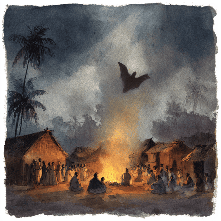 Zanzibar villagers gathered outdoors at night during Popobawa panic, with a subtle bat-like shadow in the sky.