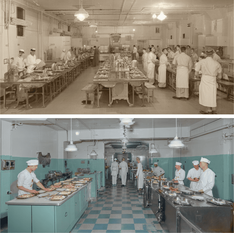 Uniform prison meal trays in a correctional cafeteria, illustrating standardized prison food systems in the United States.