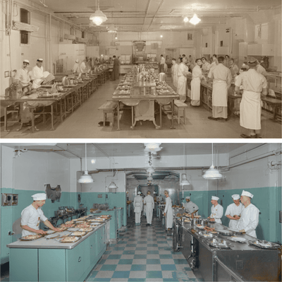 Uniform prison meal trays in a correctional cafeteria, illustrating standardized prison food systems in the United States.